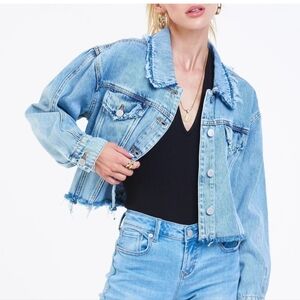 I&M Crafted Oversized Denim Crop distressed jacket. Size Medium NWT